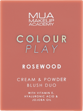 MUA Colour Play Rosewood róż, kremowo-pudrowy duet z witaminą E i kwasem hialuronowym, różowe opakowanie, widok z przodu.