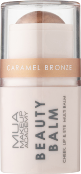 MUA Beauty Balm Caramel Bronze. Wielofunkcyjny sztyft do policzków, ust i oczu, z przodu, lekko beżowe opakowanie.