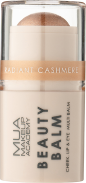 MUA Beauty Balm Radiant Cashmere, wielofunkcyjny sztyft do policzków, ust i oczu, beżowo-złoty, widok z przodu.