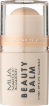MUA Beauty Balm Oyster Silk, kremowy sztyft do policzków, ust i oczu, perłowy, beżowe opakowanie, widok z przodu.
