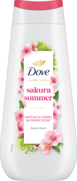 Biały żel pod prysznic Dove Sakura Summer Matcha & Cherry Blossom Scent, widok z przodu, różowa nakrętka.
