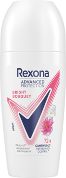 Rexona Advanced Protection Bright Bouquet roll-on deodorant, white bottle with pink and blue checkmark, 72h protection.