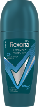 Rexona Men Advanced Protection Cobalt Dry antyperspirant roll-on 72h w ciemnoniebieskim opakowaniu, widok z przodu.
