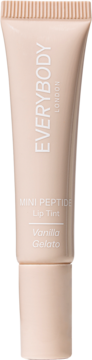 Jasnobezowa tubka Everybody London Mini Peptide Lip Tint Vanilla Gelato, z żeberkowaną nakrętką, widok z przodu.