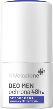 Biały roll-on Nivelazione DEO MEN 48h, kwasowy dezodorant dla mężczyzn, z niebieską nakrętką, widok z przodu.
