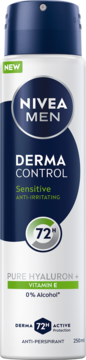 NIVEA MEN Derma Control Sensitive antyperspirant, biały spray, przód. Z Pure Hyaluron, Wit. E, 72H ochrony, 0% alkoholu.