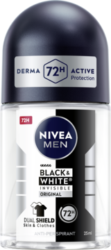 Nivea Men Black & White Invisible Original roll-on antyperspirant 72h Dual Shield, czarna nakrętka, przód.
