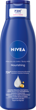 Niebieska butelka mleczka Nivea Body Milk Nourishing z białymi napisami, widok z przodu, 72H nawilżenia.