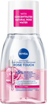 NIVEA Rose Touch płyn micelarny do demakijażu oczu, dwufazowy, z 5% serum, różaną wodą, butelka z przodu.