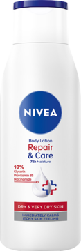 NIVEA Repair & Care Body Lotion z gliceryną i prowitaminą B5 dla skóry suchej. Biała butelka, front.