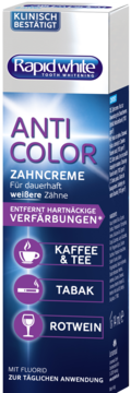 Rapid White Anti Color pasta do zębów, biało-niebieskie pudełko z fioletowymi napisami, widok z przodu.