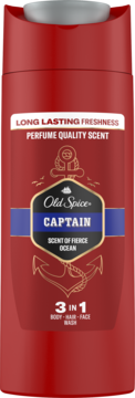 Czerwony żel pod prysznic Old Spice Captain 3w1, widok z przodu, z napisem "Scent of Fierce Ocean".