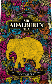 Herbata Sir Adalbert's Tea Paradise, czarna cejlońska. Ciemne opakowanie z kolorowymi wzorami i złotym słoniem, widok z przodu.