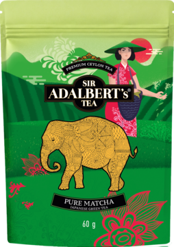 Torebka zielonej herbaty Matcha Sir Adalbert's Tea 60g, z azjatyckim słoniem i kobietą na tle zielonych gór.