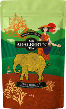 Sir Adalbert's Hojicha Dark, 60g prażona zielona herbata, zielono-brązowa saszetka z elefantem i kobietą.