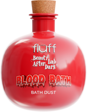 Lśniąca czerwona butelka Fluff Beauty Lab After Dark Blood Bath Bath Dust, z korkiem, widok z przodu na czarnym tle.