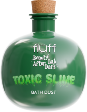Fluff Beauty Lab After Dark Toxic Slime Bath Dust, zielona okrągła błyszcząca butelka z korkiem, widok z przodu.