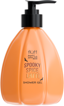 Frontalne ujęcie pomarańczowego żelu pod prysznic Fluff Spooky Spice Latte w butelce w kształcie dyni, czarna pompka.