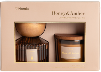 Homla JAPANDI WARM BALANCE Honey&Amber: zestaw z dyfuzorem 80ml i świecą 65g w beżowym pudełku z okienkiem.