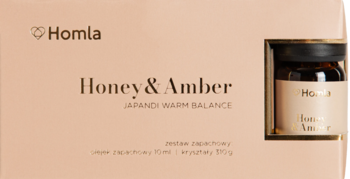 Homla Honey & Amber zestaw zapachowy w jasnoróżowym pudełku z wnęką na szklany słoik. Widok z przodu.