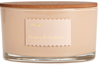 Świeca zapachowa JAPANDI WARM BALANCE Honey&Amber w beżowym szkle z drewnianą pokrywką, widok z przodu.