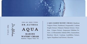 Dr. Althea Aqua Marine Watery Cream, wegański krem do twarzy z bambusem, w jasnoniebieskiej tubce, widok z przodu.