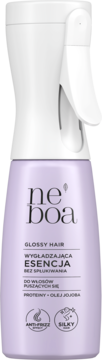 Neboa Glossy Hair Wygładzająca Esencja do włosów puszących, fioletowa butelka z białym sprayem, widok z przodu.