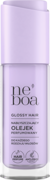 ne boa GLOSSY HAIR nabłyszczający olejek perfumowany, fioletowa butelka, widok z przodu z czytelnym logo.