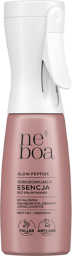 Neboa Glow Peptide odbudowująca esencja bez spłukiwania w różowo-białej butelce spray do włosów, widok z przodu.