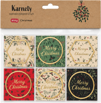 Zestaw 12 świątecznych karnetów samoprzylepnych 'Merry Christmas' w brązowym opakowaniu, z 6 wzorami etykiet.