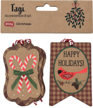 Opakowanie zestawu 8 brązowych tagów świątecznych. Poniżej dwa: z cukrowymi laskami i z ptakiem 'Happy Holidays'.