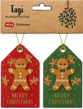 Zestaw 8 świątecznych tagów prezentowych z piernikowym wzorem. Czerwony i zielony tag z napisem MERRY CHRISTMAS.