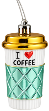 Kielich kawy ozdoba choinkowa, biała z miętową quilingową opaską, złotym wieczkiem, napisem 'I ❤️ COFFEE'.