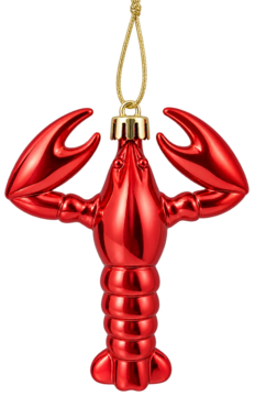 Czerwony, błyszczący ornament choinkowy w kształcie homara, wiszący na złotej nitce, na czarnym tle.