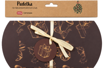 Zestaw 2 świątecznych pudełek poduszeczek 22x10 cm, brązowych ze złotym wzorem i beżową wstążką.