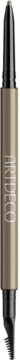 Kredka Ultra Fine Brow Liner, brązowo-złota, metaliczna, z czarnymi końcówkami, widok z przodu na smukłe opakowanie.