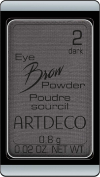 Ciemny puder do brwi ARTDECO Eye Brow Powder, odcień 2 dark, w prostokątnej srebrnej kasetce, widok z góry.