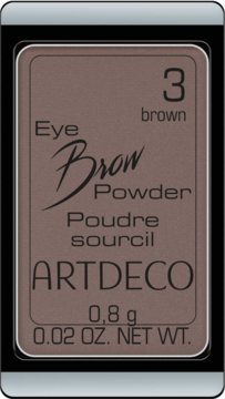 ARTDECO Eye Brow Powder 3 brown, brązowy puder do brwi w prostokątnym, srebrno-brązowym kompaktowym opakowaniu.