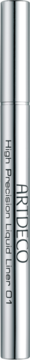 Srebrny eyeliner ARTDECO High Precision Liquid Liner, podłużna tubka z rozmytym tekstem na błyszczącej powierzchni.