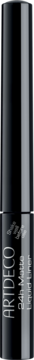Pionowe ujęcie czarnego ARTDECO 24h Matte Liquid Liner z błyszczącą nakrętką i białym tekstem.