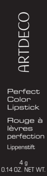 Czarne, prostokątne opakowanie ARTDECO Perfect Color Lipstick z pionowym napisem, gramatura 4g. Widok z przodu.