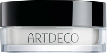 ARTDECO puder Eye Brightening Powder w przezroczystym słoiczku z czarną zakrętką, widok z przodu.