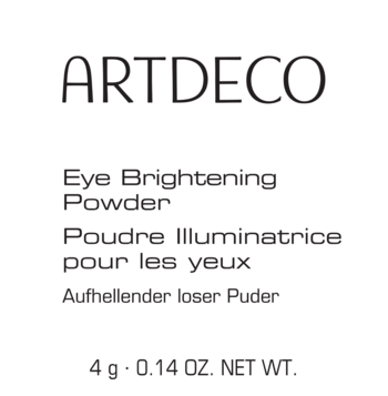 ARTDECO Eye Brightening Powder, biała etykieta rozjaśniającego pudru sypkiego do oczu, czarny tekst, widok z przodu.