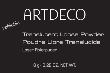 Czarna etykieta Artdeco Translucent Loose Powder z białym napisem, widoczna gramatura i 'refillable'.