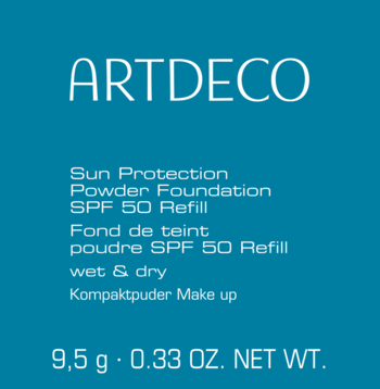 Niebieska etykieta Artdeco Wkład do podkładu w pudrze SPF 50 Refill z białym tekstem, widok z przodu.