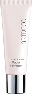 Biało-różowa tuba Artdeco Luminous Face Primer, rozświetlająca baza pod makijaż, srebrna zakrętka, widok z przodu.
