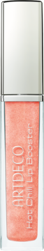 Koralowy błyszczyk ARTDECO Hot Chili Lip Booster w prostokątnej tubce, widok z przodu, z połyskującymi drobinkami.