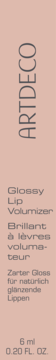 Etykieta ARTDECO Glossy Lip Volumizer: beżowe tło, brązowe napisy. Widoczne nazwy i objętość 6ml.