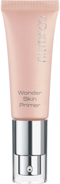 Artdeco Wonder Skin Primer, wygładzająca baza pod makijaż, różowa tubka ze srebrnym dozownikiem, widok z przodu.