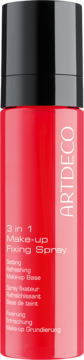 Czerwony spray ARTDECO 3 in 1 Make-up Fixing Spray z czarną nakrętką, widok z przodu. Utrwalacz makijażu.